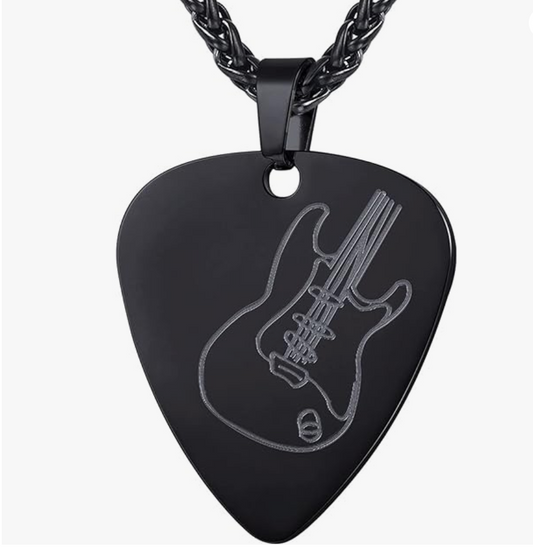 Black Guitar Pick Pendant Necklace Guitar Silver Jewelry Chain Birthday Gift Gold Stainless Steel 24in.