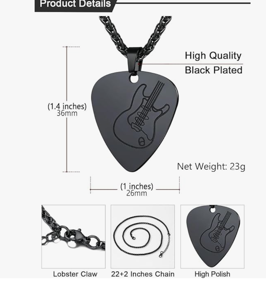 Black Guitar Pick Pendant Necklace Guitar Silver Jewelry Chain Birthday Gift Gold Stainless Steel 24in.