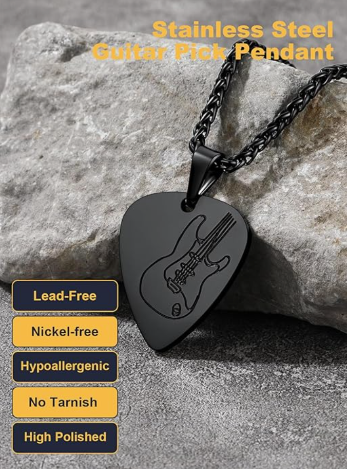 Black Guitar Pick Pendant Necklace Guitar Silver Jewelry Chain Birthday Gift Gold Stainless Steel 24in.