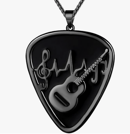 Guitar Pick Pendant Necklace Music Treble Clef Silver Jewelry Chain Birthday Gift Black Stainless Steel 24in.