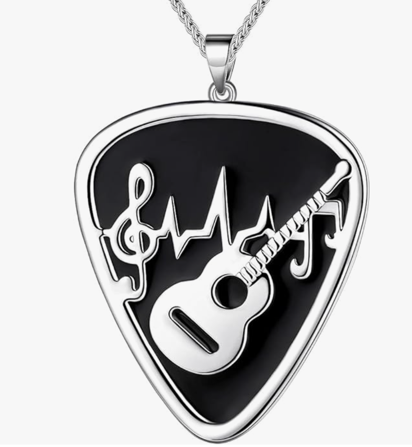 Guitar Pick Pendant Necklace Music Treble Clef Silver Jewelry Chain Birthday Gift Black Stainless Steel 24in.