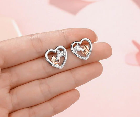 Horse Heart Love Earrings Diamond Horse Cowgirl Jewelry Birthday Gift 925 Sterling Silver