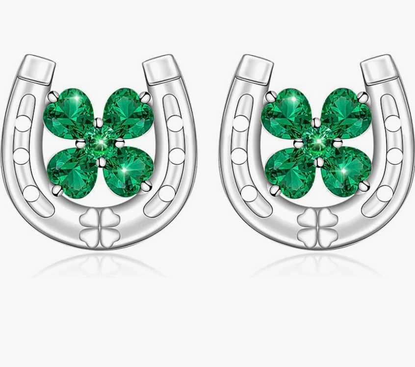 Diamond Green Clover Horseshoe Earrings Dangle Horse Cowgirl Lucky Jewelry Birthday Gift 925 Sterling Silver