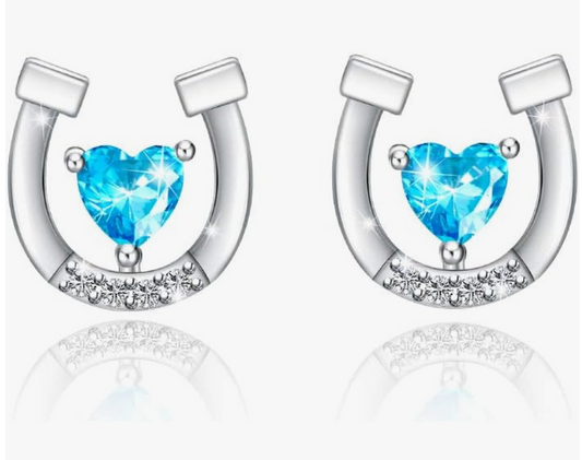 Blue Heart Diamond Horseshoe Earrings Pink Horse Lucky Jewelry Birthday Gift 925 Sterling Silver