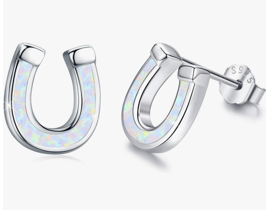 Opal Horseshoe Earrings Horse Lucky Jewelry Birthday Gift 925 Sterling Silver