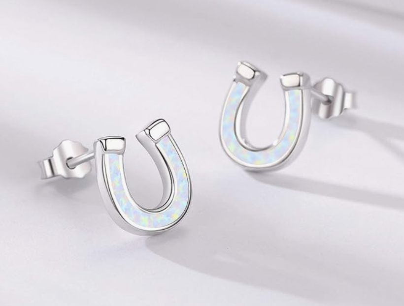 Opal Horseshoe Earrings Horse Lucky Jewelry Birthday Gift 925 Sterling Silver