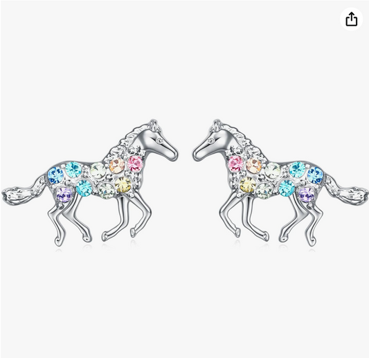 Rainbow Horse Earrings Diamond Horse Cowgirl Jewelry Birthday Gift 925 Sterling Silver