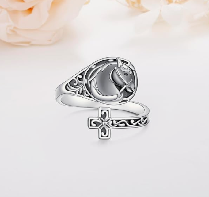 Adjustable Victorian Cross Horse Ring Baby Horse Cowgirl Cross Jewelry Birthday Gift 925 Sterling Silver