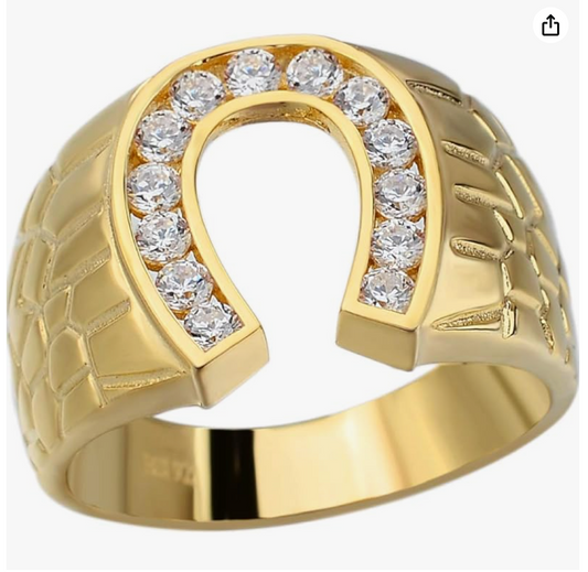Mens Gold Nugget Diamond Horseshoe Ring Lucky Jewelry Birthday Gift Stainless Steel