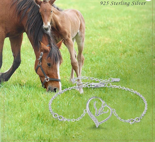 2 Horse Love Heart Bracelet Diamond Cowgirl Horse Jewelry Birthday Gift 925 Sterling Silver