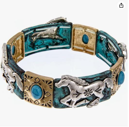 Tri-Tone Patina Silver Horse Charm Bracelet Gold Blue Cowgirl Horse Western Jewelry Birthday Gift