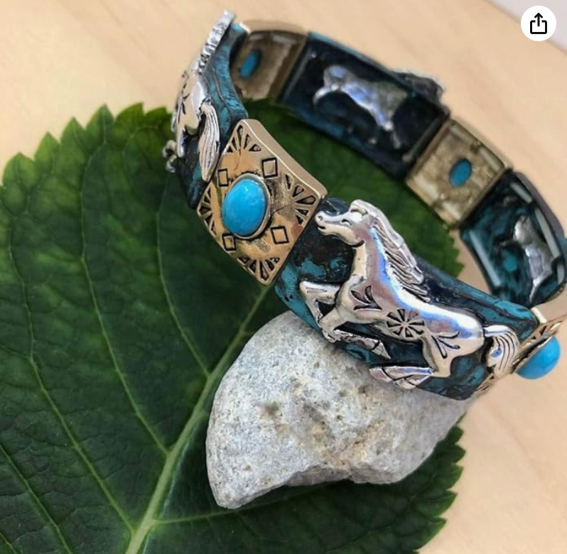 Tri-Tone Patina Silver Horse Charm Bracelet Gold Blue Cowgirl Horse Western Jewelry Birthday Gift