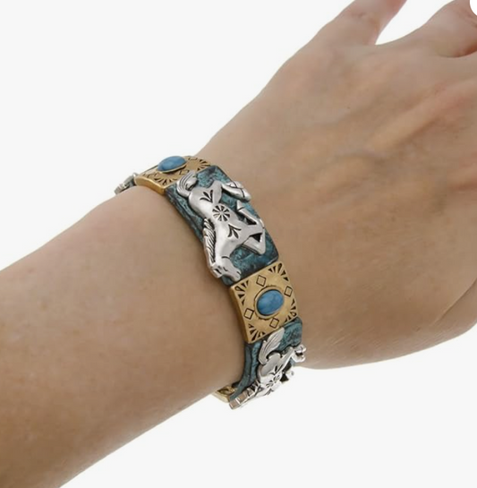Tri-Tone Patina Silver Horse Charm Bracelet Gold Blue Cowgirl Horse Western Jewelry Birthday Gift