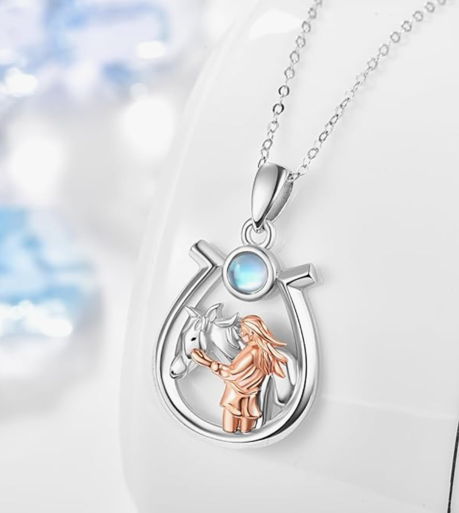 Lucky Moonstone Horseshoe Necklace Pendant Cowgirl Chain Jewelry Lucky Birthday Gift Rose Gold 925 Sterling Silver 20in.