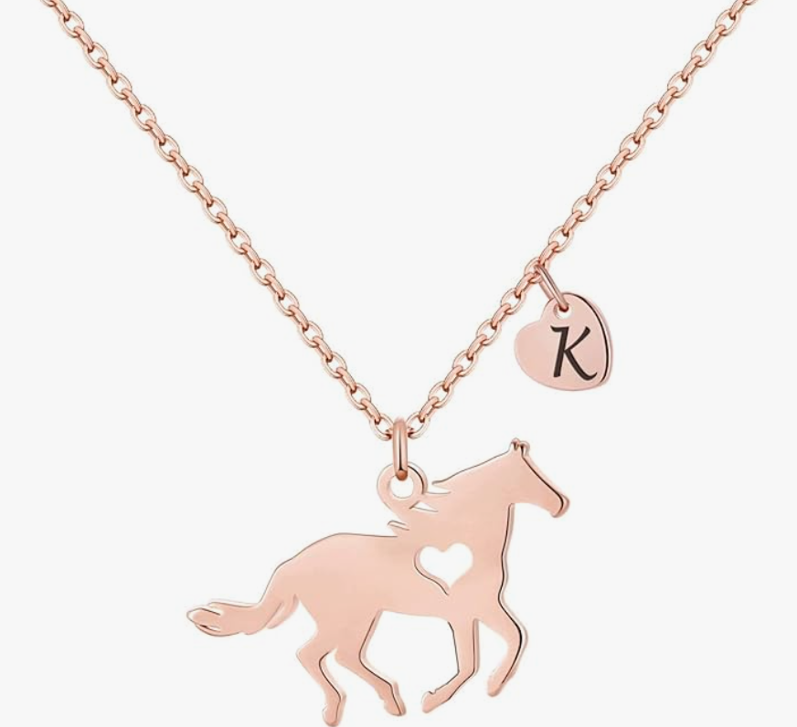 Custom Letter Name Horse Necklace Cowgirl Pendant Chain Love Heart Jewelry Birthday Gift Rose Gold 925 Sterling Silver 20in.