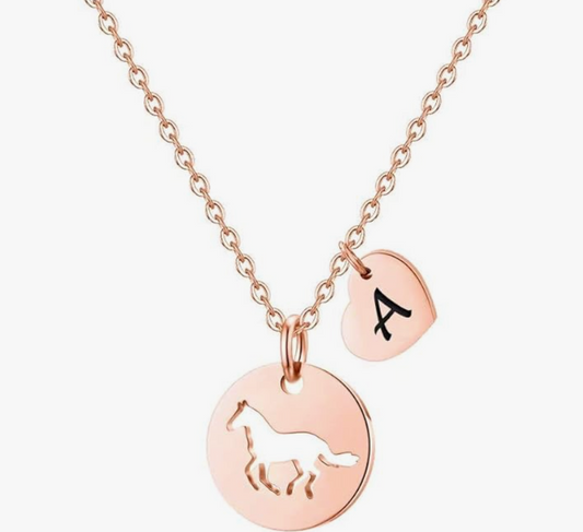 Custom Letter Name Horse Medallion Necklace Pendant Cowgirl Chain Love Heart Jewelry Birthday Gift Rose Gold 925 Sterling Silver 20in.