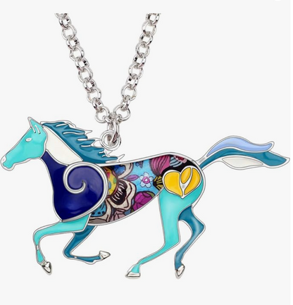 Cute Colorful Horse Necklace Cowgirl Chain Jewelry Birthday Gift Silver Stainless Steel 20in.