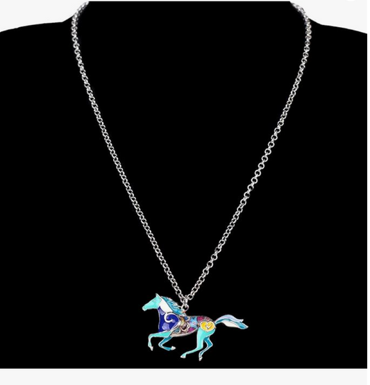 Cute Colorful Horse Necklace Cowgirl Chain Jewelry Birthday Gift Silver Stainless Steel 20in.