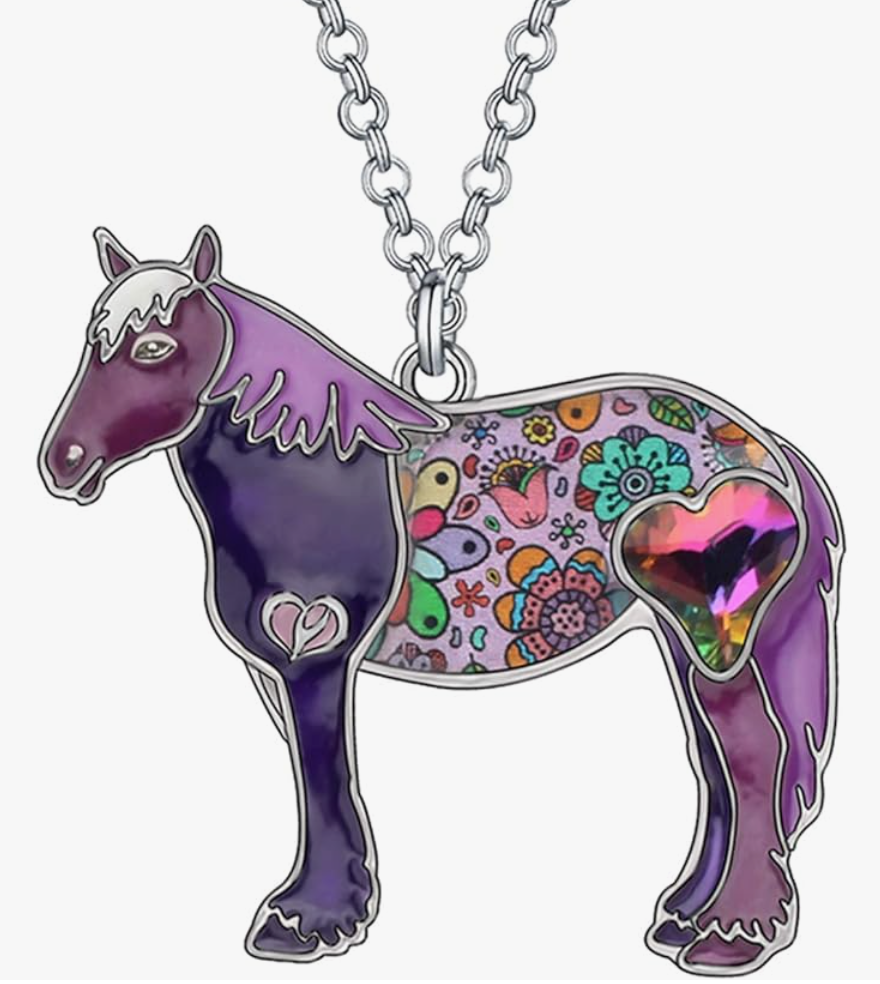 Cute Colorful Horse Necklace Cowgirl Chain Jewelry Birthday Gift Silver Stainless Steel 20in.