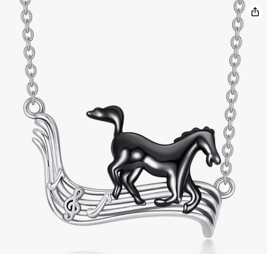 Black Horse Music Necklace Cowgirl Chain Pendant Horse Treble Clef Note Jewelry Birthday Gift 925 Sterling Silver 20in.