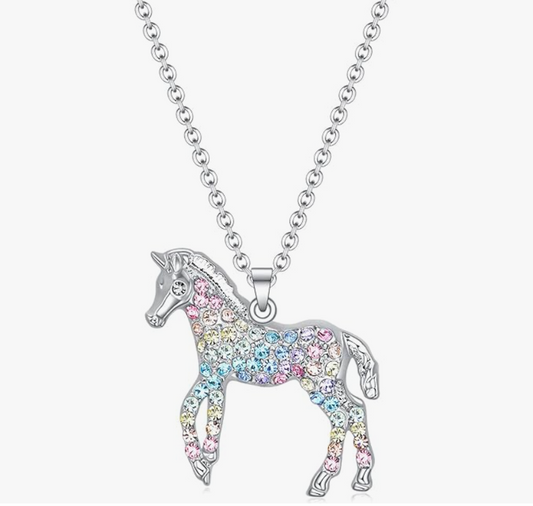 Rainbow Horse Necklace Cowgirl Diamond Pendant Chain Horse Jewelry Birthday Gift 925 Sterling Silver 20in.
