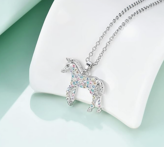 Rainbow Horse Necklace Cowgirl Diamond Pendant Chain Horse Jewelry Birthday Gift 925 Sterling Silver 20in.