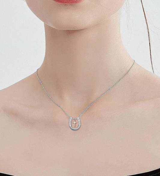 Horseshoe Cross Diamond Necklace Cowgirl Chain Horse Pendant Jesus Jewelry Birthday Gift Rose Gold 925 Sterling Silver 20in.