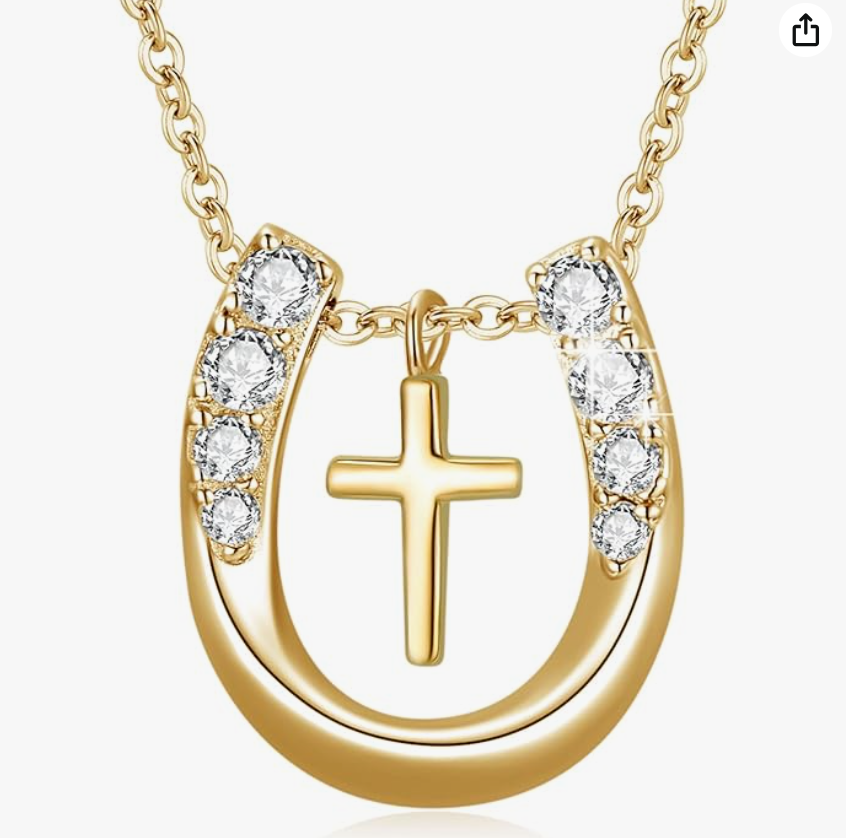 Horseshoe Cross Diamond Necklace Cowgirl Chain Horse Pendant Jesus Jewelry Birthday Gift Rose Gold 925 Sterling Silver 20in.