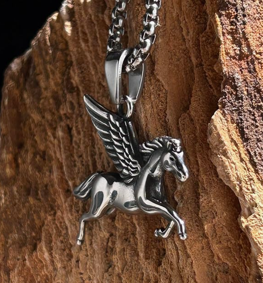 Pegasus Flying Horse Pendant Horse Wings Necklace Chain Jewelry Birthday Gift Stainless Steel 24in.