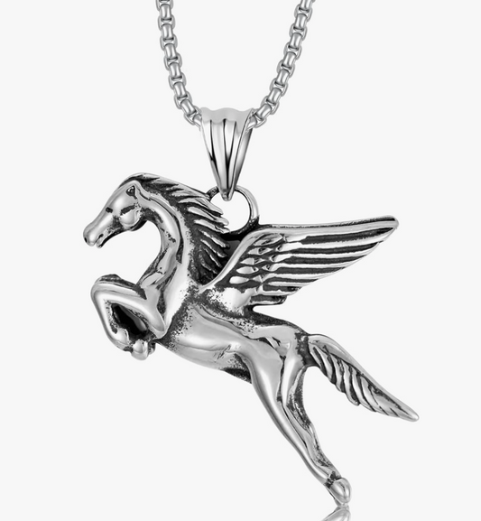 Flying Horse Pendant Pegasus Horse Wings Necklace Chain Jewelry Birthday Gift Stainless Steel 24in.