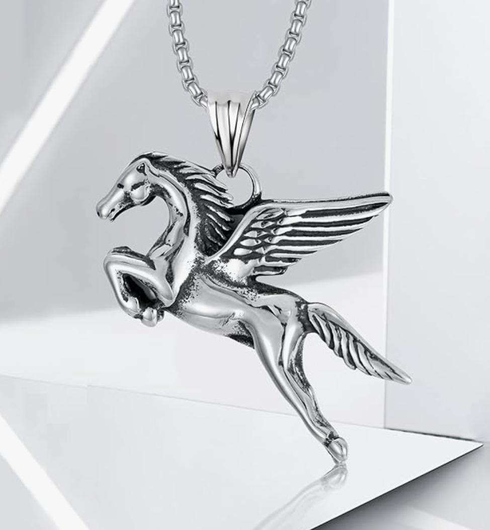 Flying Horse Pendant Pegasus Horse Wings Necklace Chain Jewelry Birthday Gift Stainless Steel 24in.