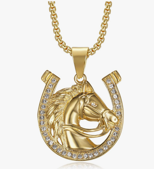 Gold Diamond Horse Head Pendant Lucky Horseshoe Necklace Chain Jockey Jewelry Birthday Gift Stainless Steel 24in.