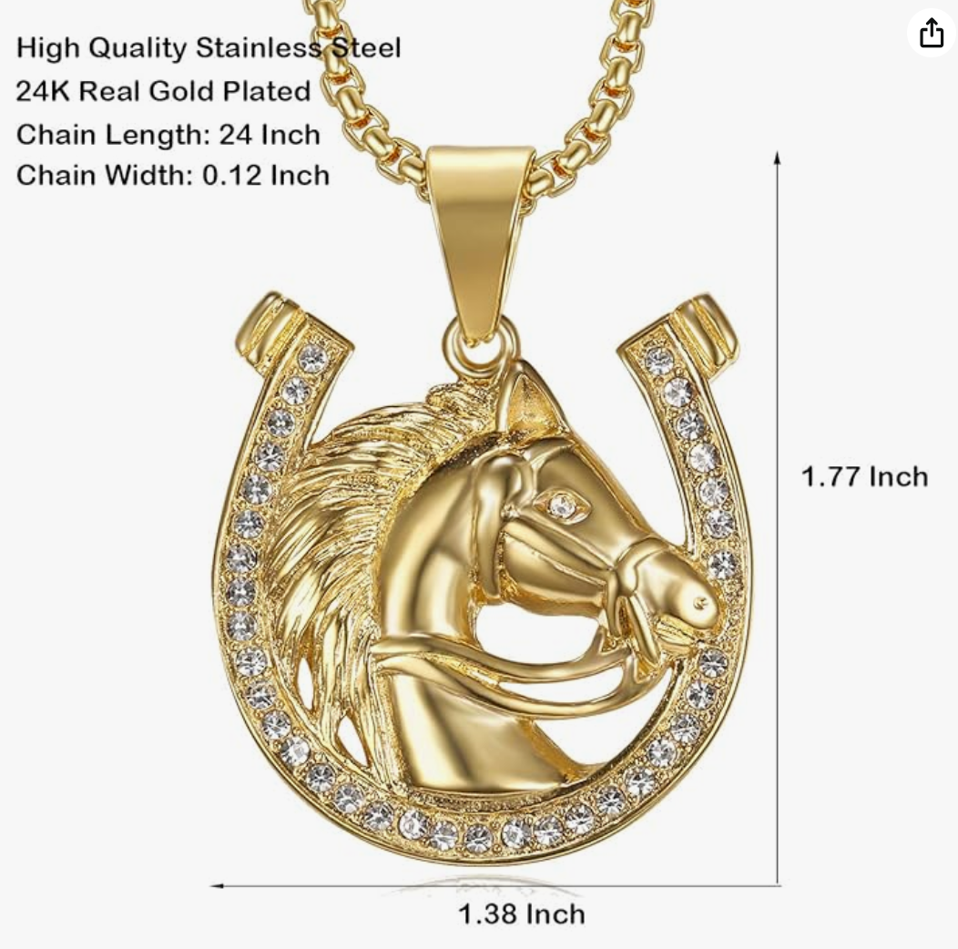 Gold Diamond Horse Head Pendant Lucky Horseshoe Necklace Chain Jockey Jewelry Birthday Gift Stainless Steel 24in.