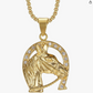 Gold Diamond Horse Head Pendant Lucky Horseshoe Necklace Chain Jockey Jewelry Birthday Gift Stainless Steel 24in.