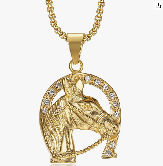 Gold Diamond Horse Head Pendant Lucky Horseshoe Necklace Chain Jockey Jewelry Birthday Gift Stainless Steel 24in.