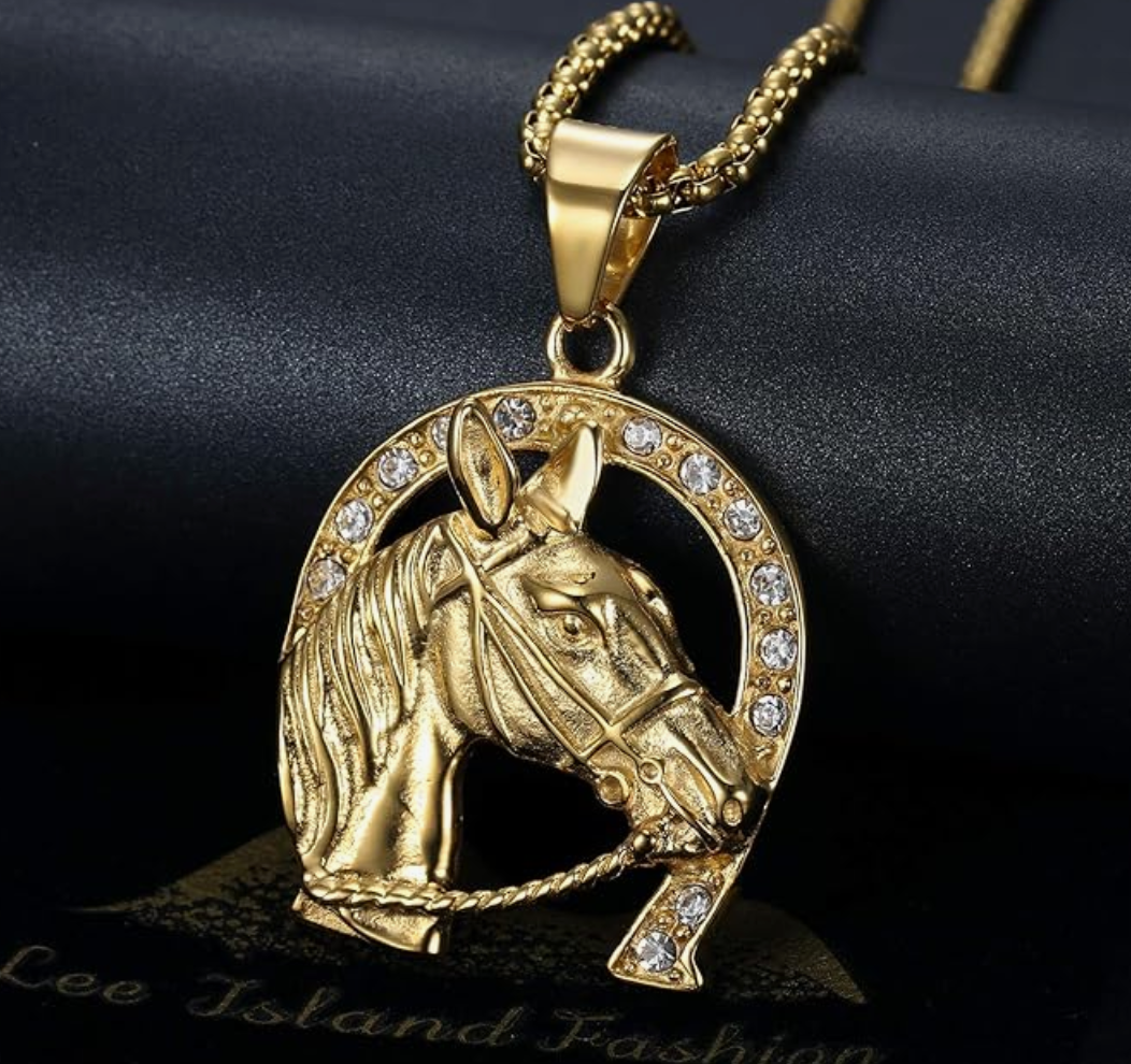 Gold Diamond Horse Head Pendant Lucky Horseshoe Necklace Chain Jockey Jewelry Birthday Gift Stainless Steel 24in.