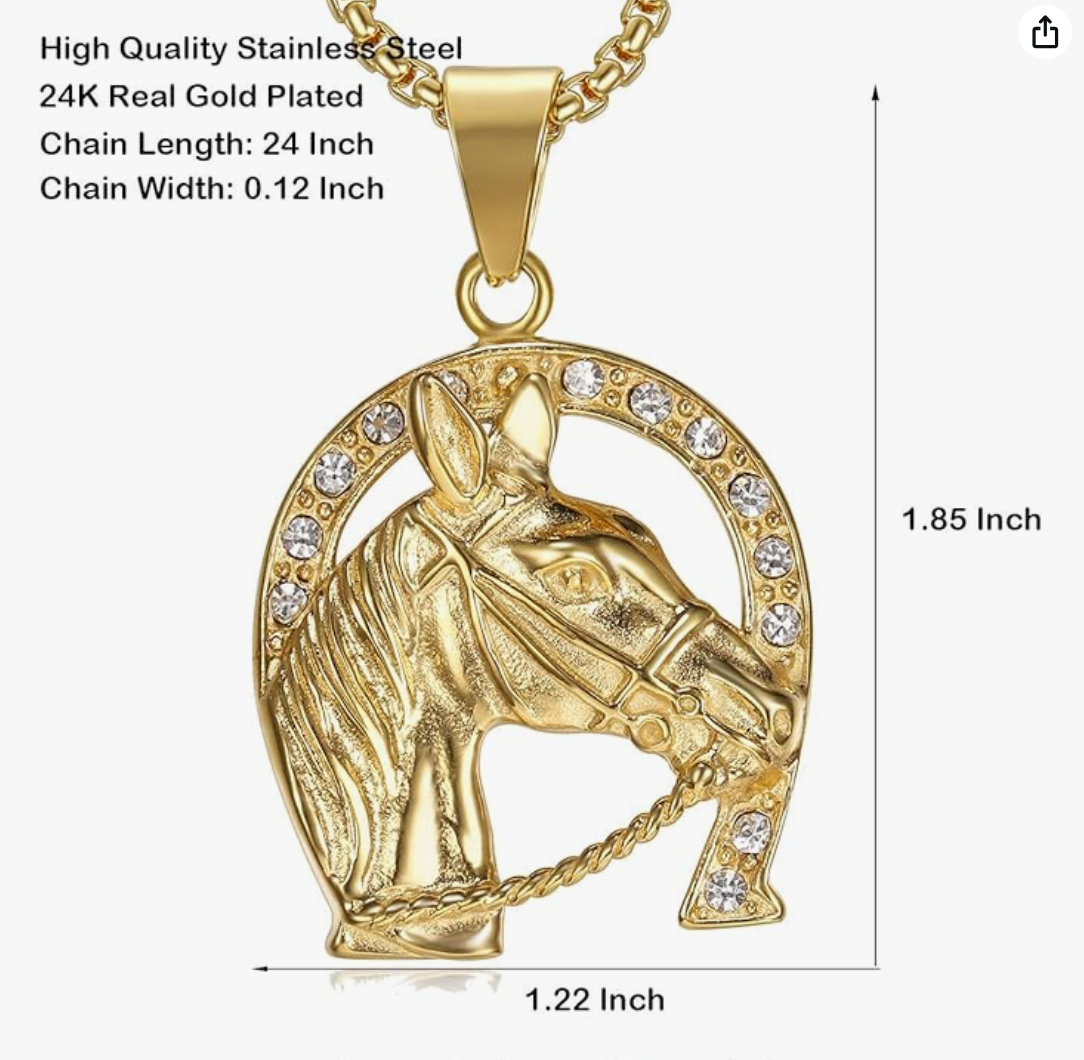 Gold Diamond Horse Head Pendant Lucky Horseshoe Necklace Chain Jockey Jewelry Birthday Gift Stainless Steel 24in.