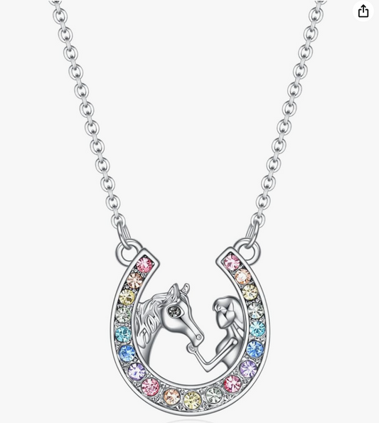 Rainbow Diamond Horseshoe Pendant Horse Girl Necklace Chain Cowgirl Jewelry Birthday Gift 925 Sterling Silver 20in.