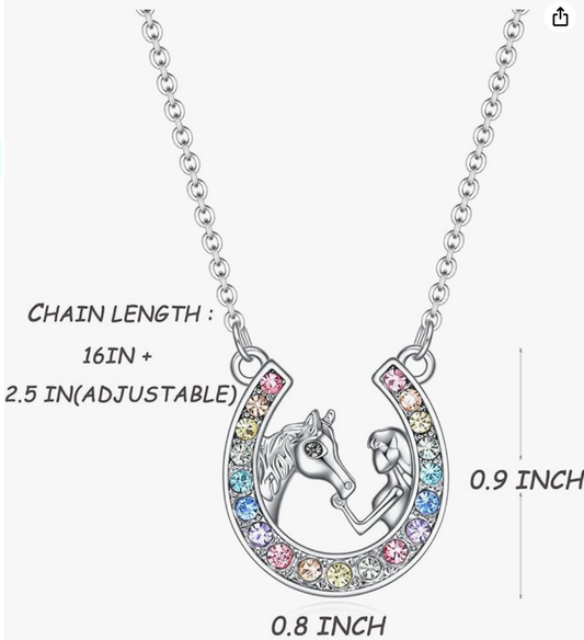 Rainbow Diamond Horseshoe Pendant Horse Girl Necklace Chain Cowgirl Jewelry Birthday Gift 925 Sterling Silver 20in.