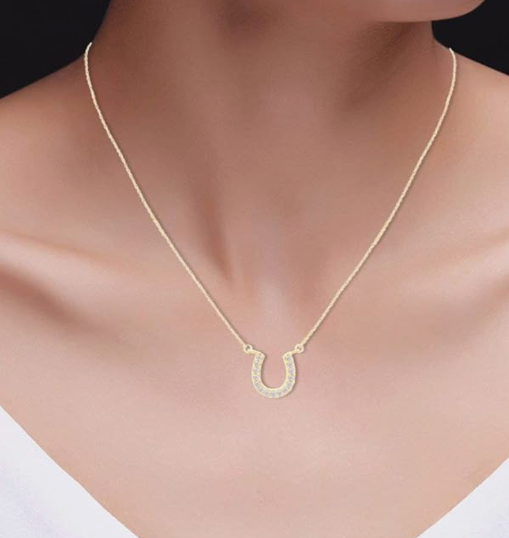 Gold 925 Sterling Silver Diamond Horseshoe Lucky Rose Pendant Horse Girl Necklace Chain Cowgirl Jewelry Birthday Gift 20in.