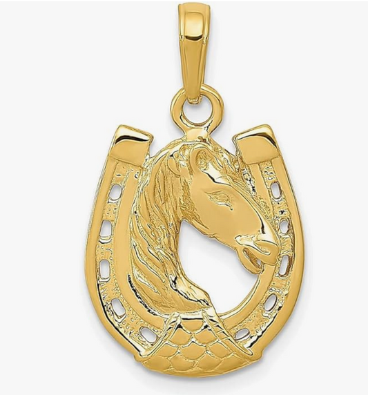 14K Gold Horse Head Pendant Luck Horseshoe Jewelry Women Mens Boys Girls Teens Solid 14K Gold
