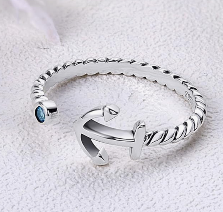 Womens Boat Anchor Ring Blue Diamond Anchor Cross Sailor Captain Jewelry Butterfly Anchor Birthday Gift Teen Girls 925 Sterling Silver