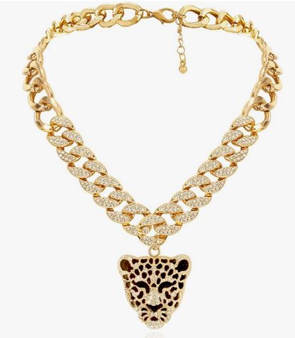 Gold Cheetah Pendant Jaguar Necklace Silver Diamond Leopard Chain Panther Jewelry Birthday Gift 18in.