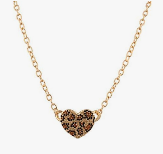 Dainty Small Leopard Print Pendant Heart Love Jaguar Necklace Cheetah Chain Panther Jewelry Birthday Gift 18in.