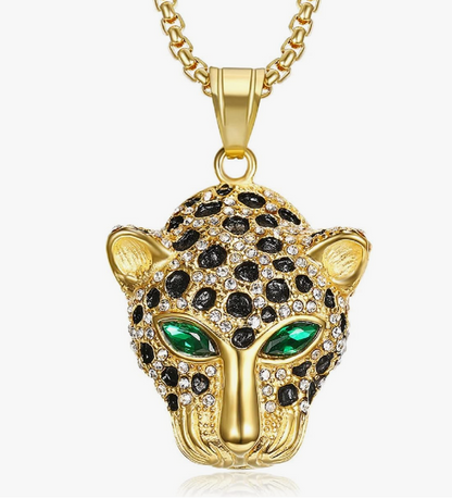 Gold Silver Stainless Steel Leopard Pendant Jaguar Diamond Necklace Cheetah Chain Panther Jewelry Birthday Gift 24in.