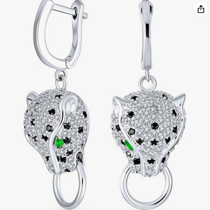 Panther Black Diamond Earring Hoop Green Eye Leopard Head Earrings Cheetah Face Jaguar Earring Jewelry Birthday Gift 925 Sterling Silver
