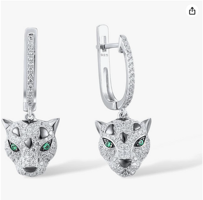 Gold Leopard Face Diamond Hoop Dangle Earring Panther Head Earrings Cheetah Jaguar Green Eye Earring Jewelry Birthday Gift 925 Sterling Silver