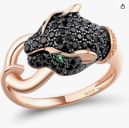 Cute Jaguar Ring Leopard Cheetah Black Diamond Ring Panther Silver Jewelry Birthday Green Emerald Gift