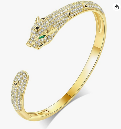 Cute Gold Diamond Green Eye Leopard Silver Bracelet Cheetah Jaguar Bracelet Panther Jewelry Birthday Gift Stainless Steel