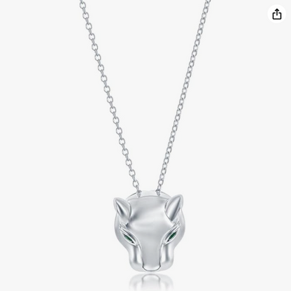 Diamond Panther Necklace Green Eye Leopard Head Pendant Cheetah Face Jaguar Chain Jewelry Birthday Gift 925 Sterling Silver 20in.